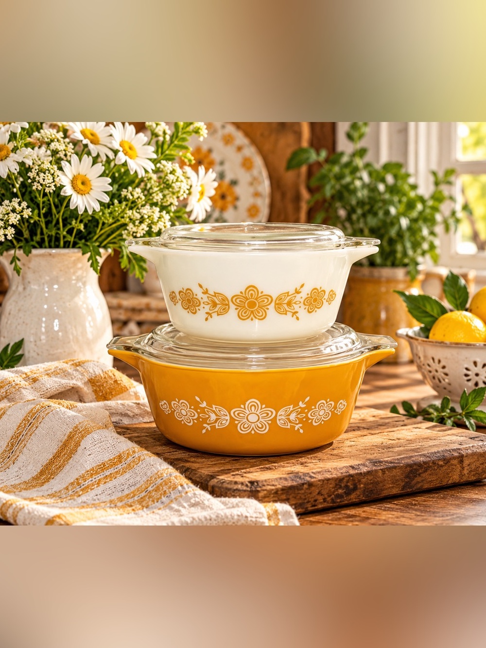 Vintage Pyrex Butterfly Gold Casserole Set of 2 474-B 1.5qt & 475-B 2.5qt w Lids